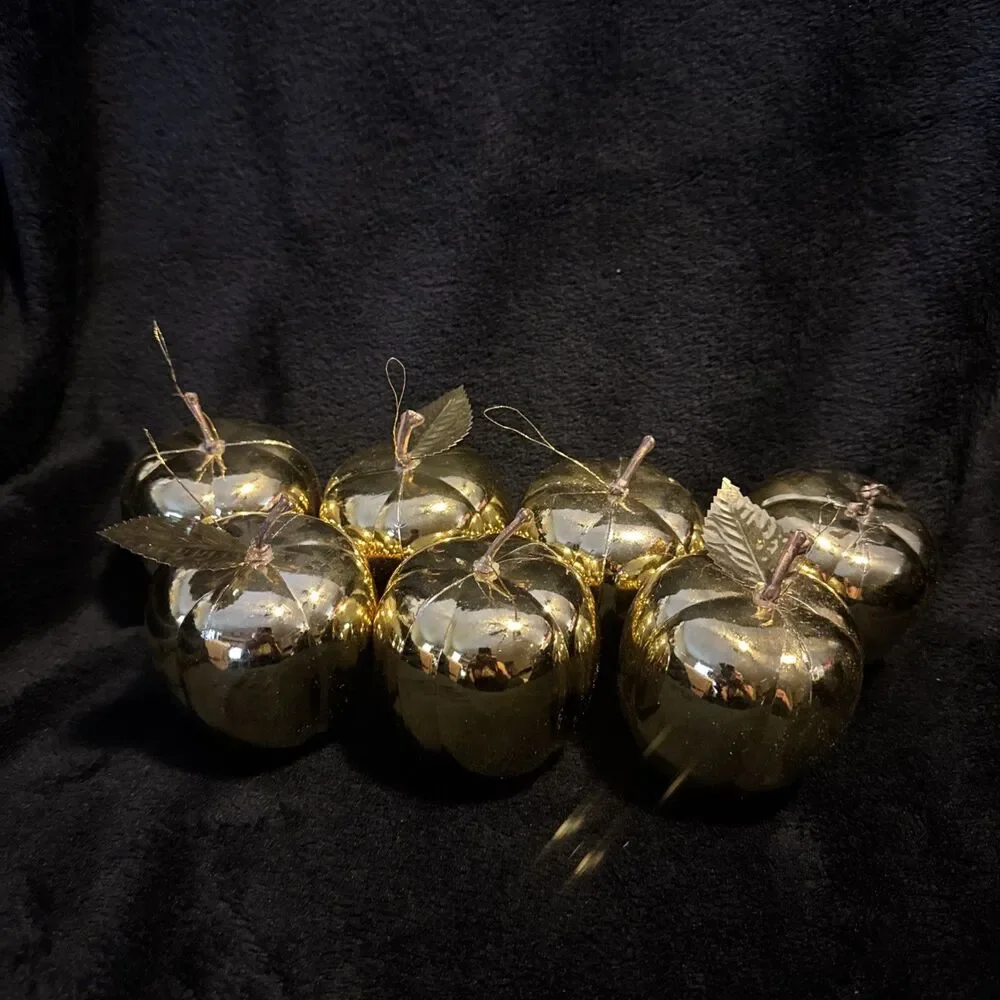 Vintage 70s Set Of 7 Plastic Gold Apple Ornaments